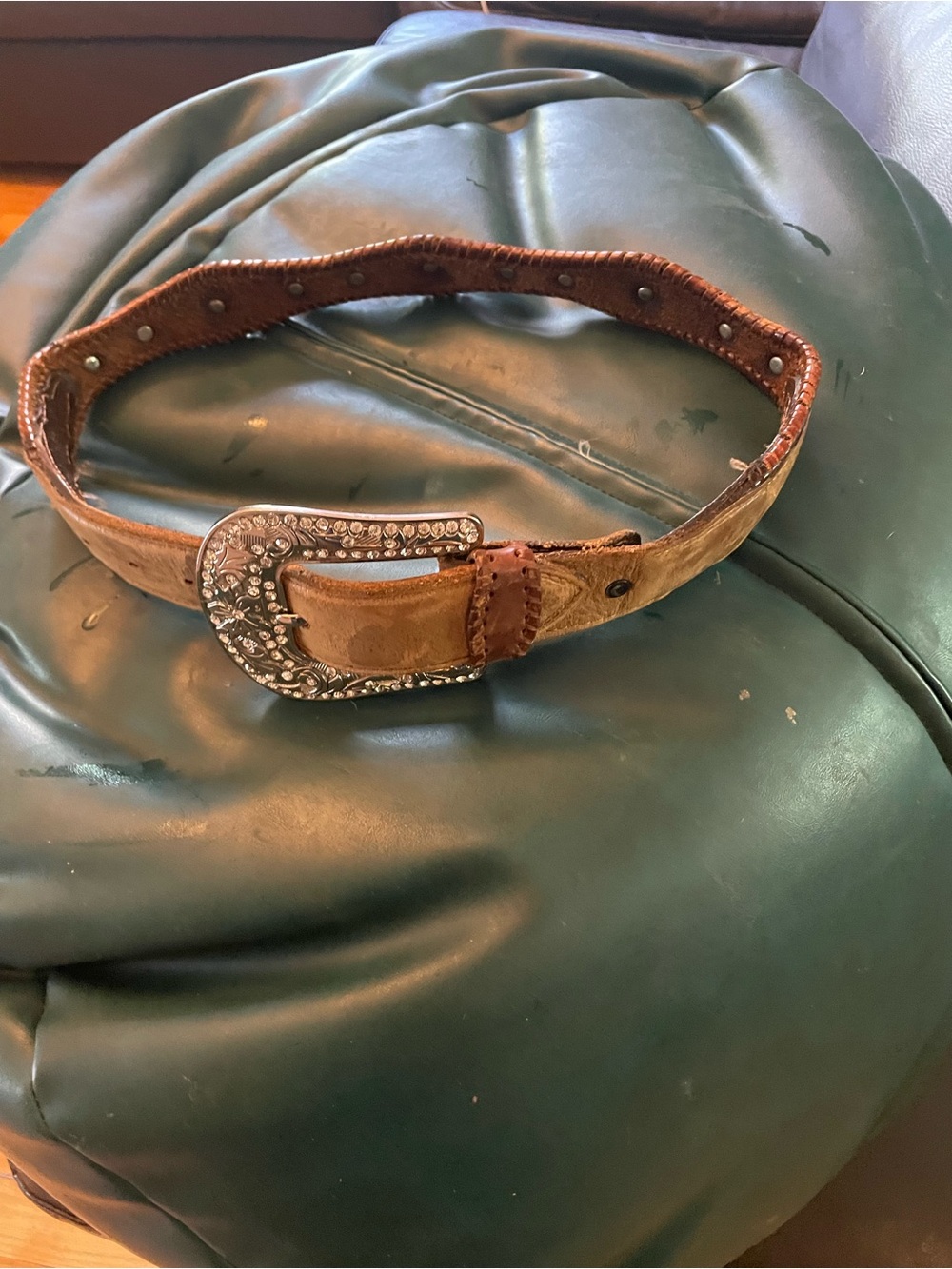 Women's Tan Western Leather Belt with Decorative Silver Buckle size 28